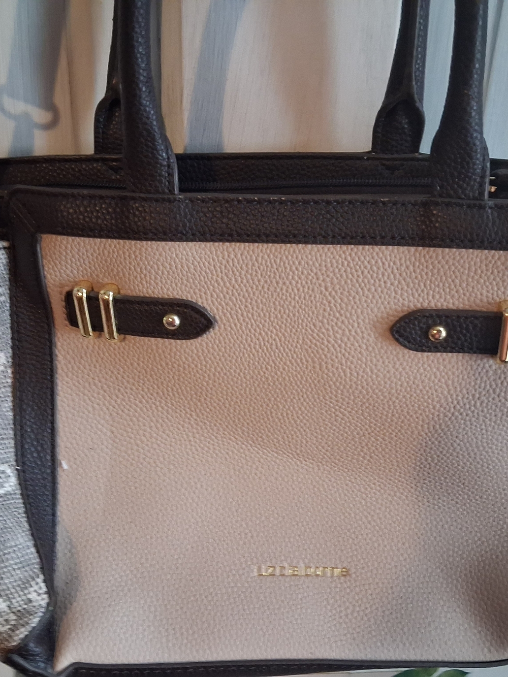 Liz Claiborne Beige and Dark Brown Structured Tote Bag